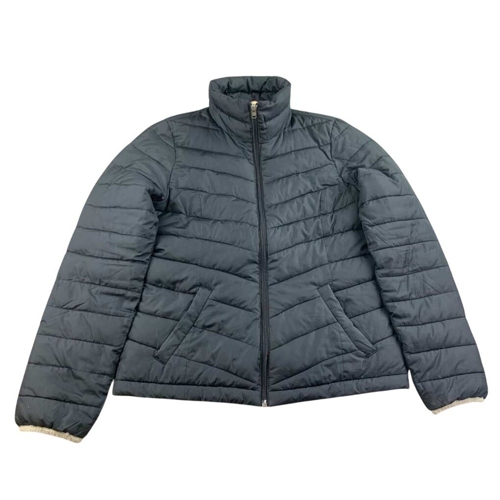 Hollister Jacket Women L Black Chevron Quilted Puffer Full Zip Mock Neck Pockets